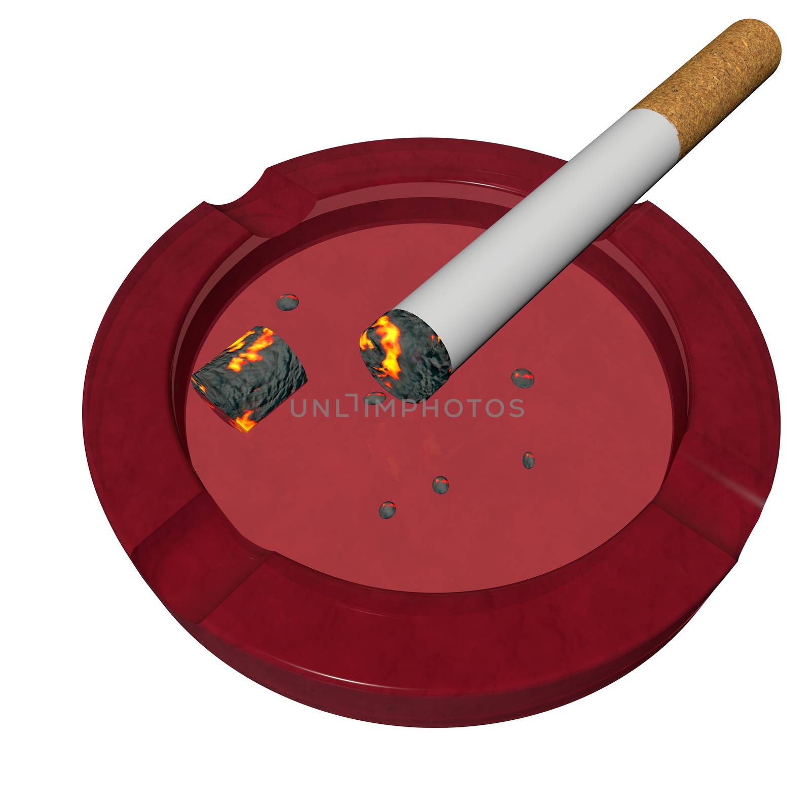 Cigarette in ashtray isolated over white, 3d render