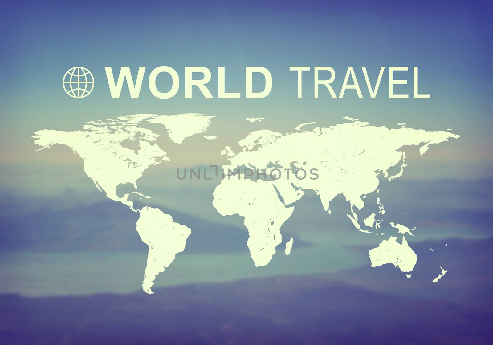 Contoured map of world continents with inscription World Travel and related logo. blurred photo of Earth surface and sky as backdrop.