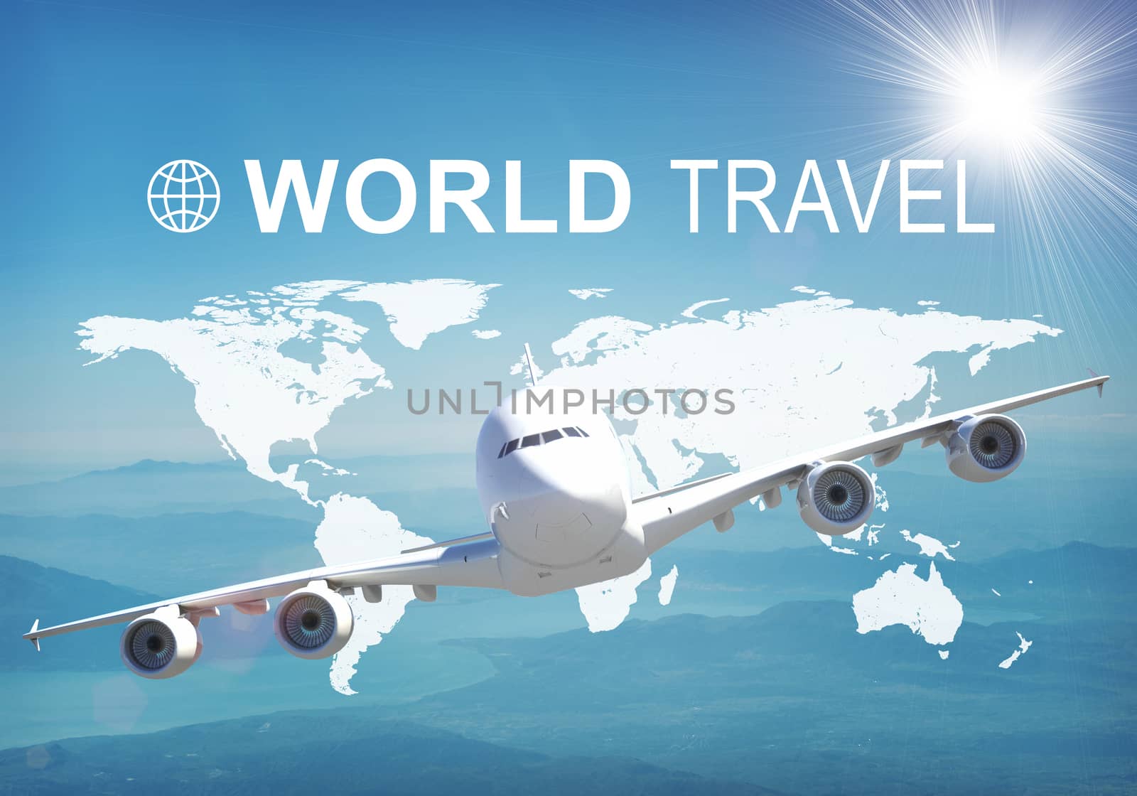Contoured map of world continents with inscription World Travel and related symbol. Flying jet on foreground, Earth surface, sky and sun an blue sky as backdrop.