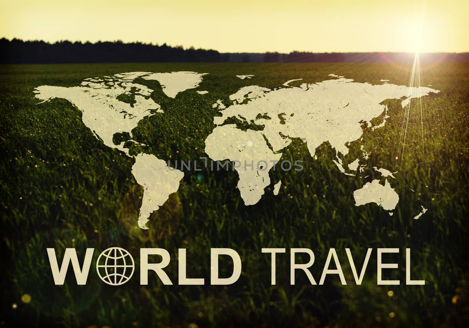 Contoured map of world continents with inscription World Travel and photo of green meadow on sunrise as backdrop.