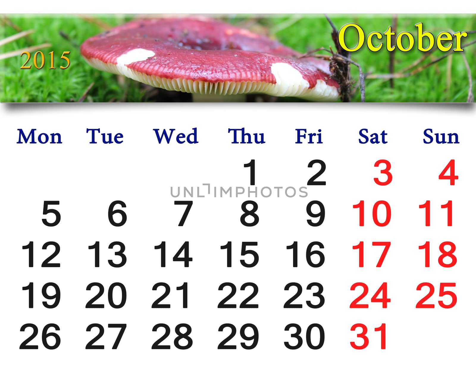 calendar for October of 2015 with the ribbon of mushroom russula