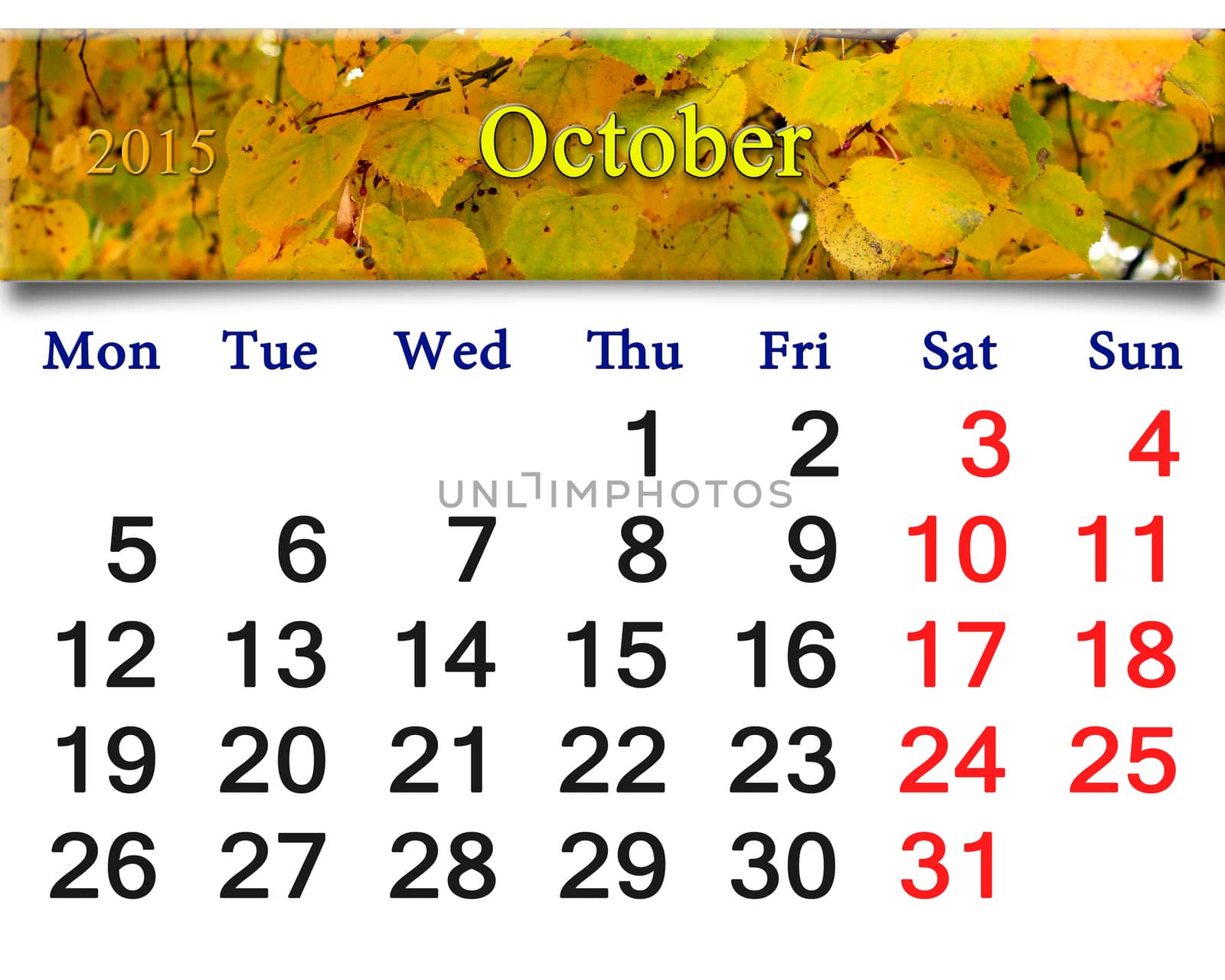 calendar for October of 2015 with the yellow leaves by alexmak