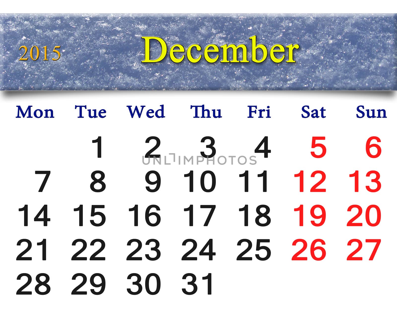 beautiful calendar for the December of 2015 with the ribbon of snowy layer