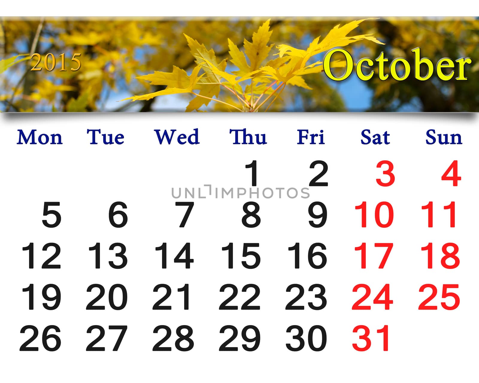 calendar for October of 2015 with the yellow leaves by alexmak