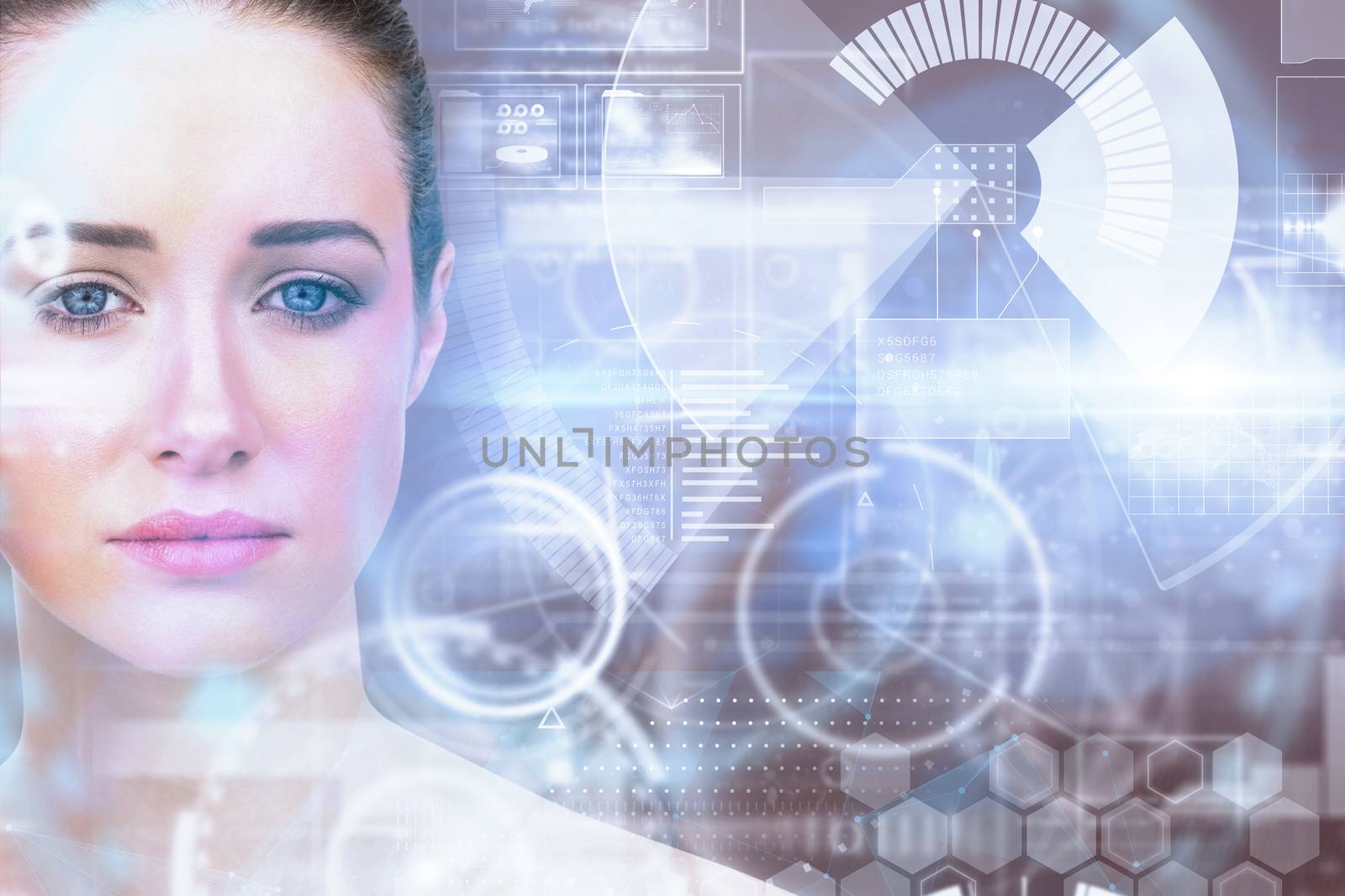 Composite image of natural beauty posing against technology interface