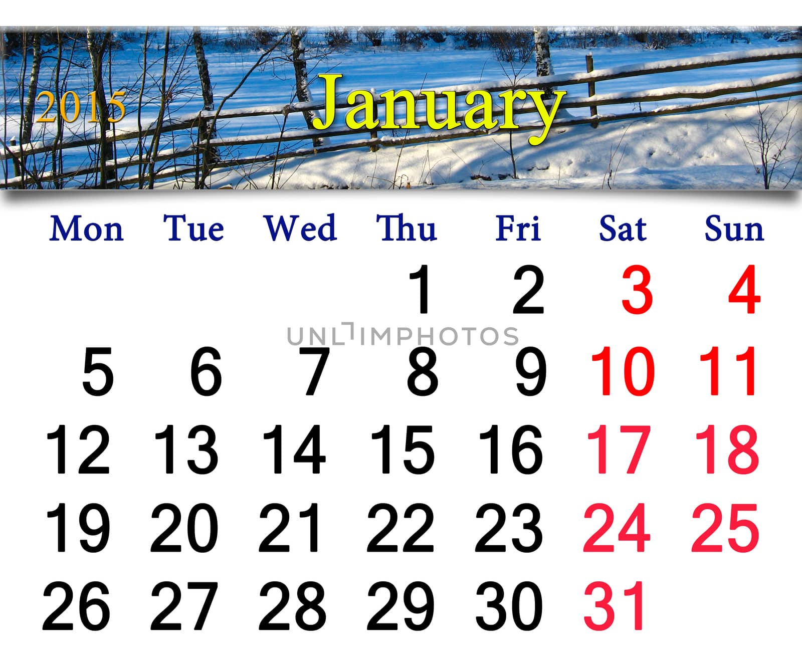 calendar for the January of 2015 with snowy village by alexmak