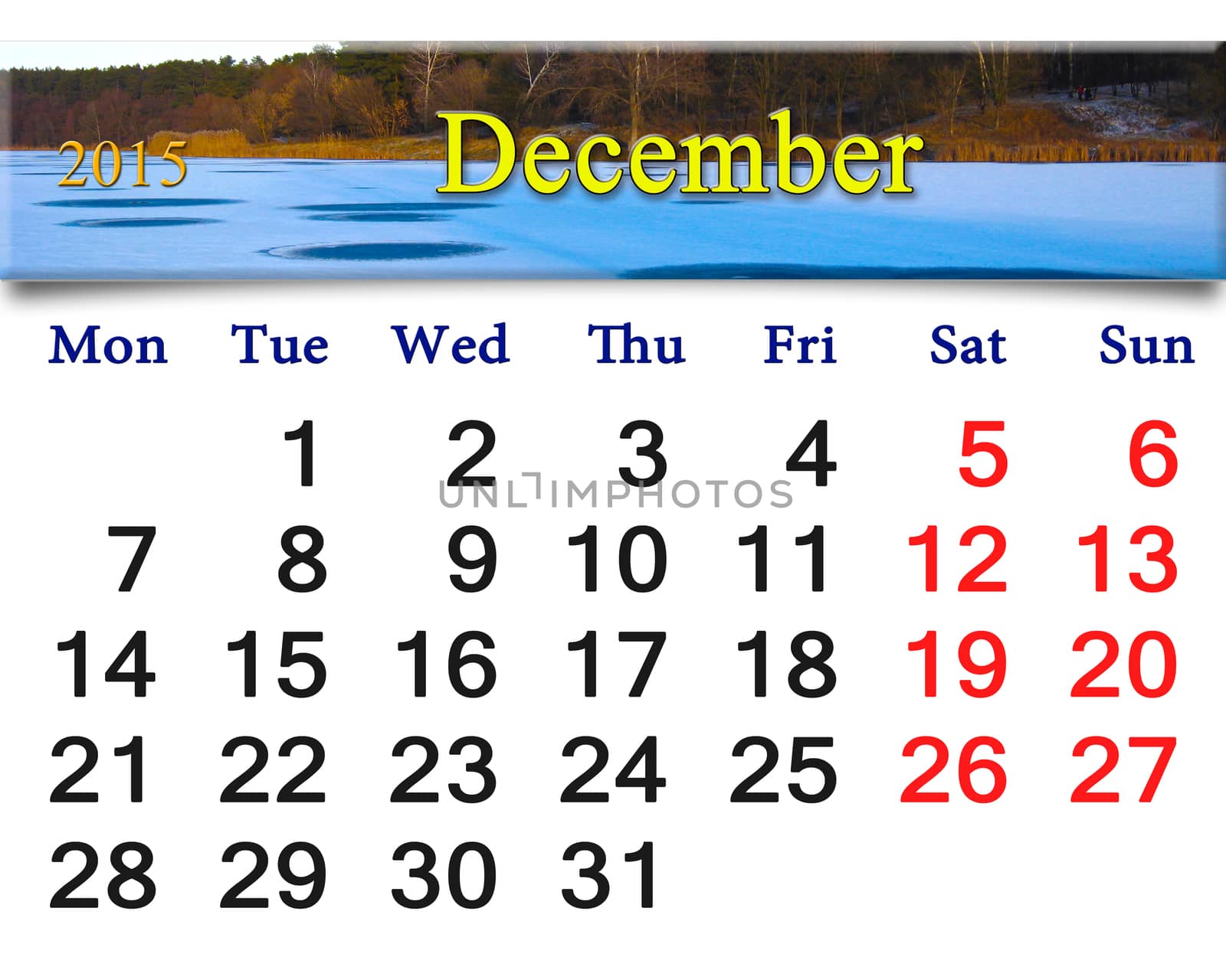 beautiful calendar for the December of 2015 with the ribbon of frozen river