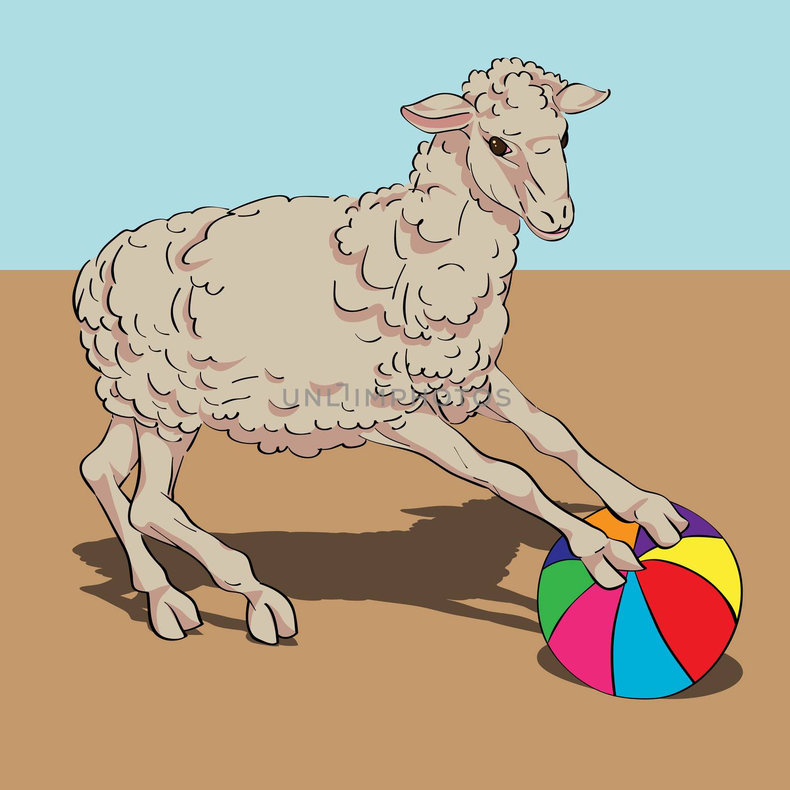 Sheep playing the ball card, hand drawn illustration over a vintage colored background 