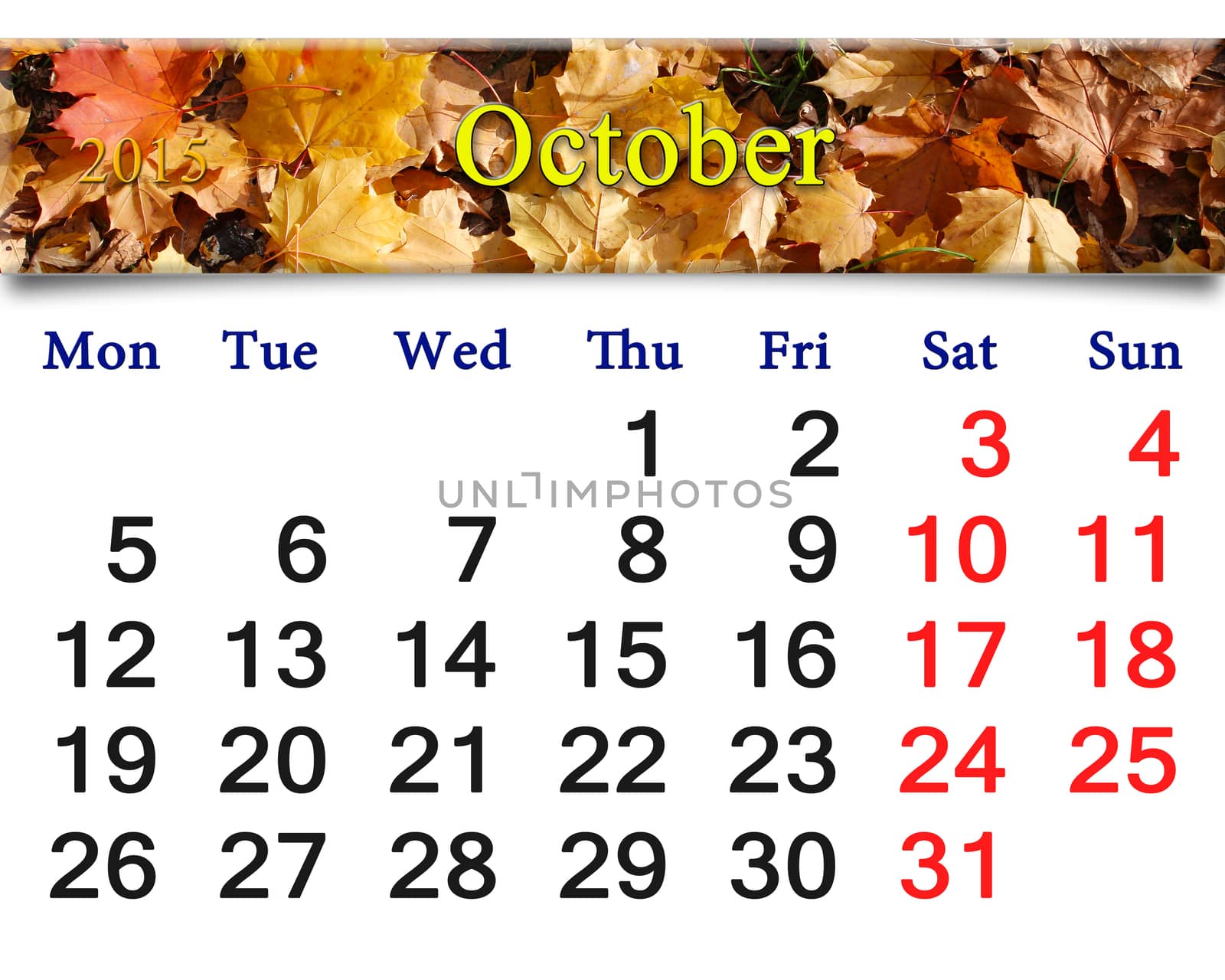 calendar for October of 2015 with the ribbon of yellow leaves