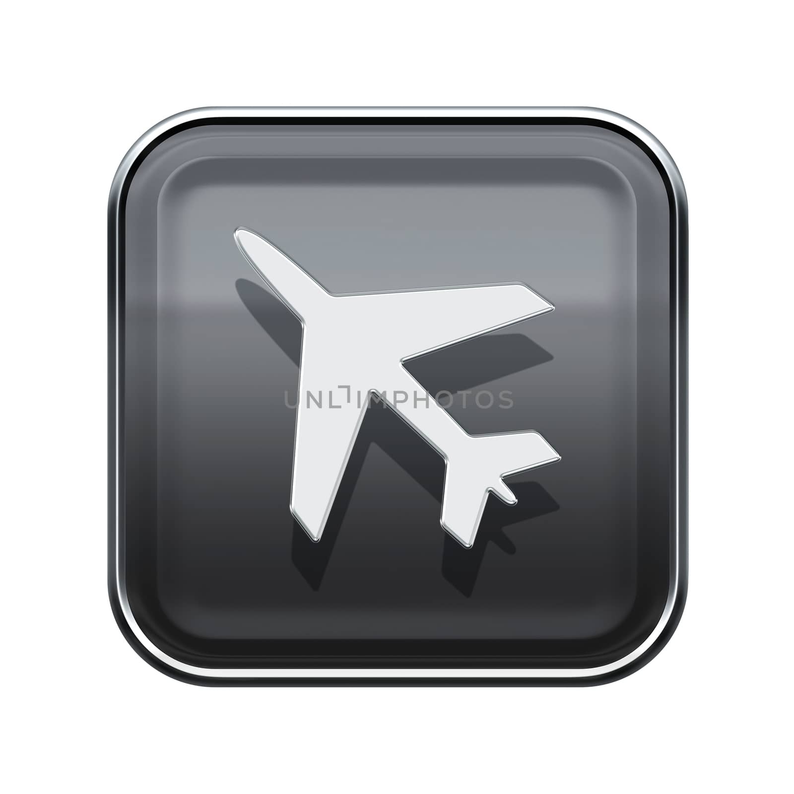 Airplane icon glossy grey, isolated on white background