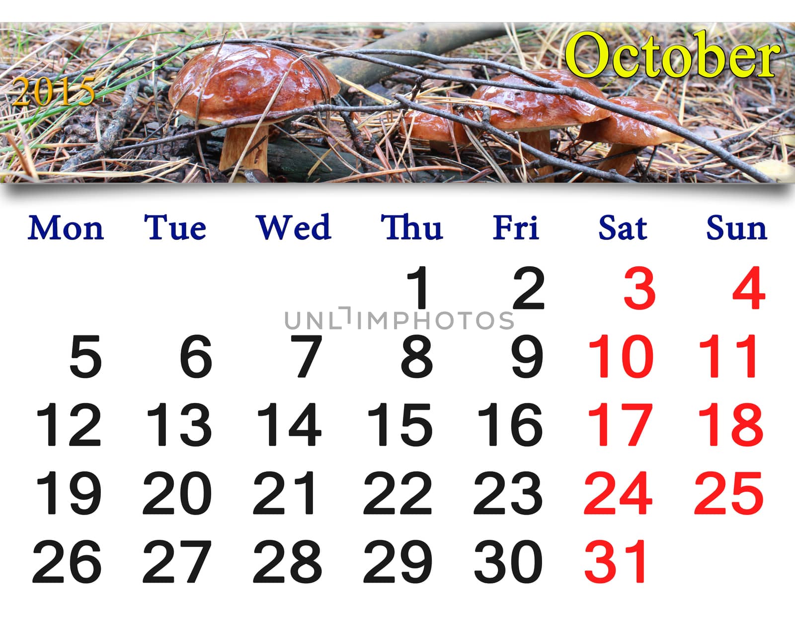 calendar for October of 2015 with the ribbon of mushroom Boletus badius