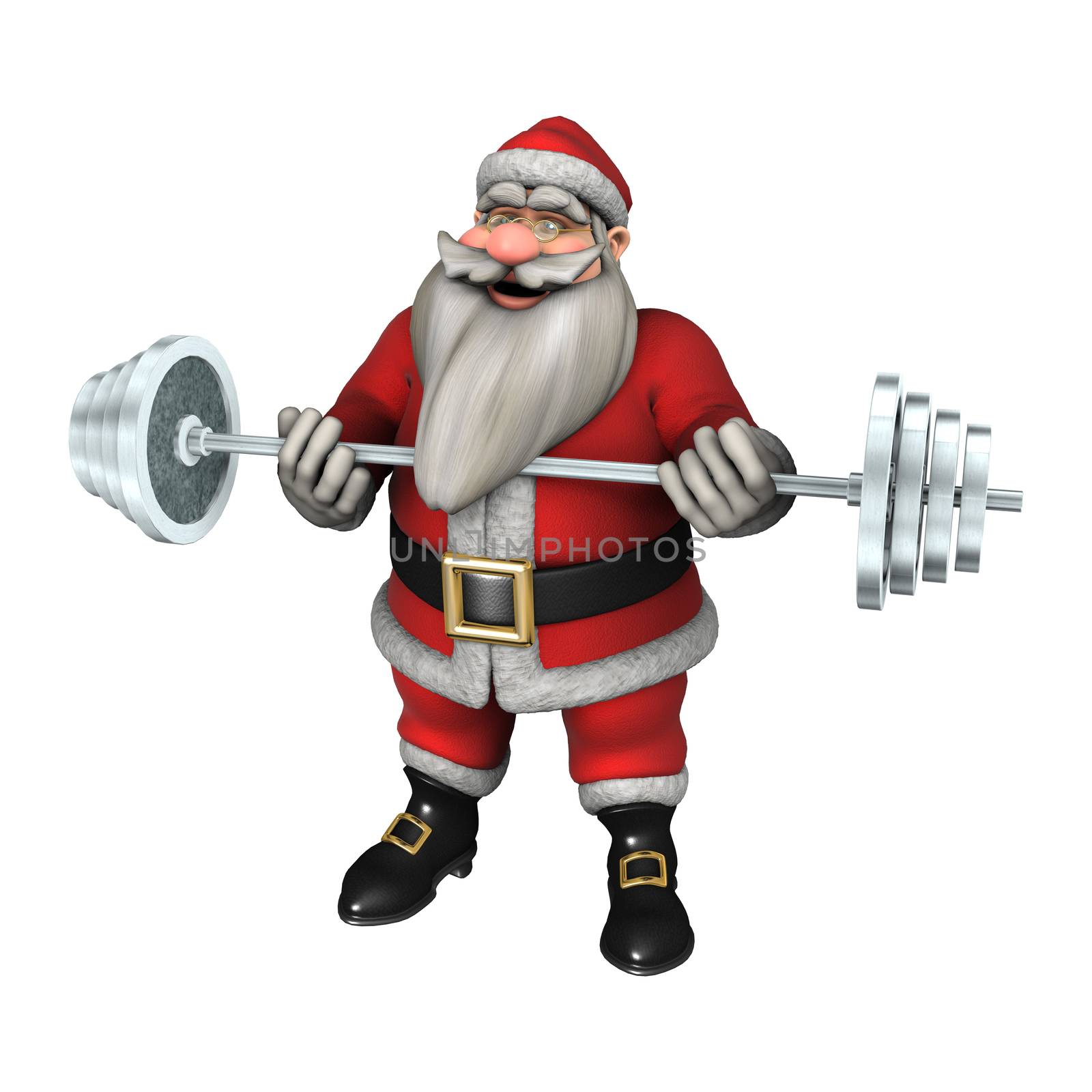 3D digital render of Santa exercising with weights isolated on white background