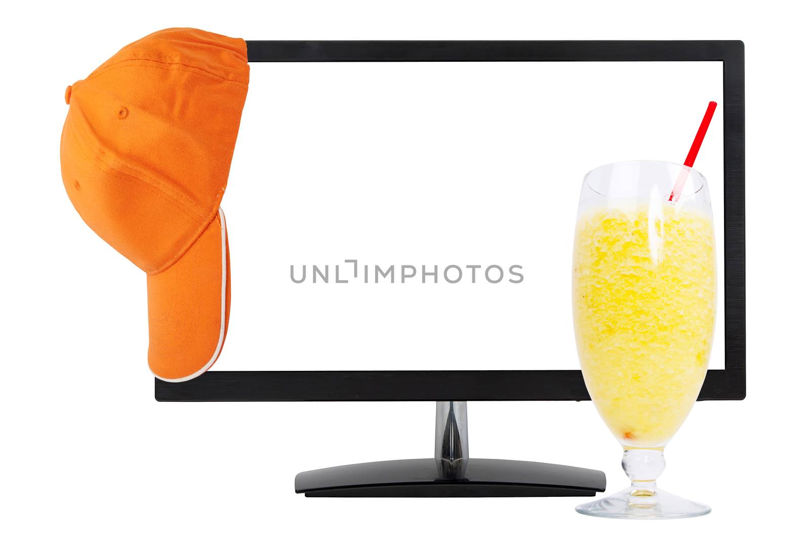 fresh juice, orange cap and computer monitor, isolated on white background