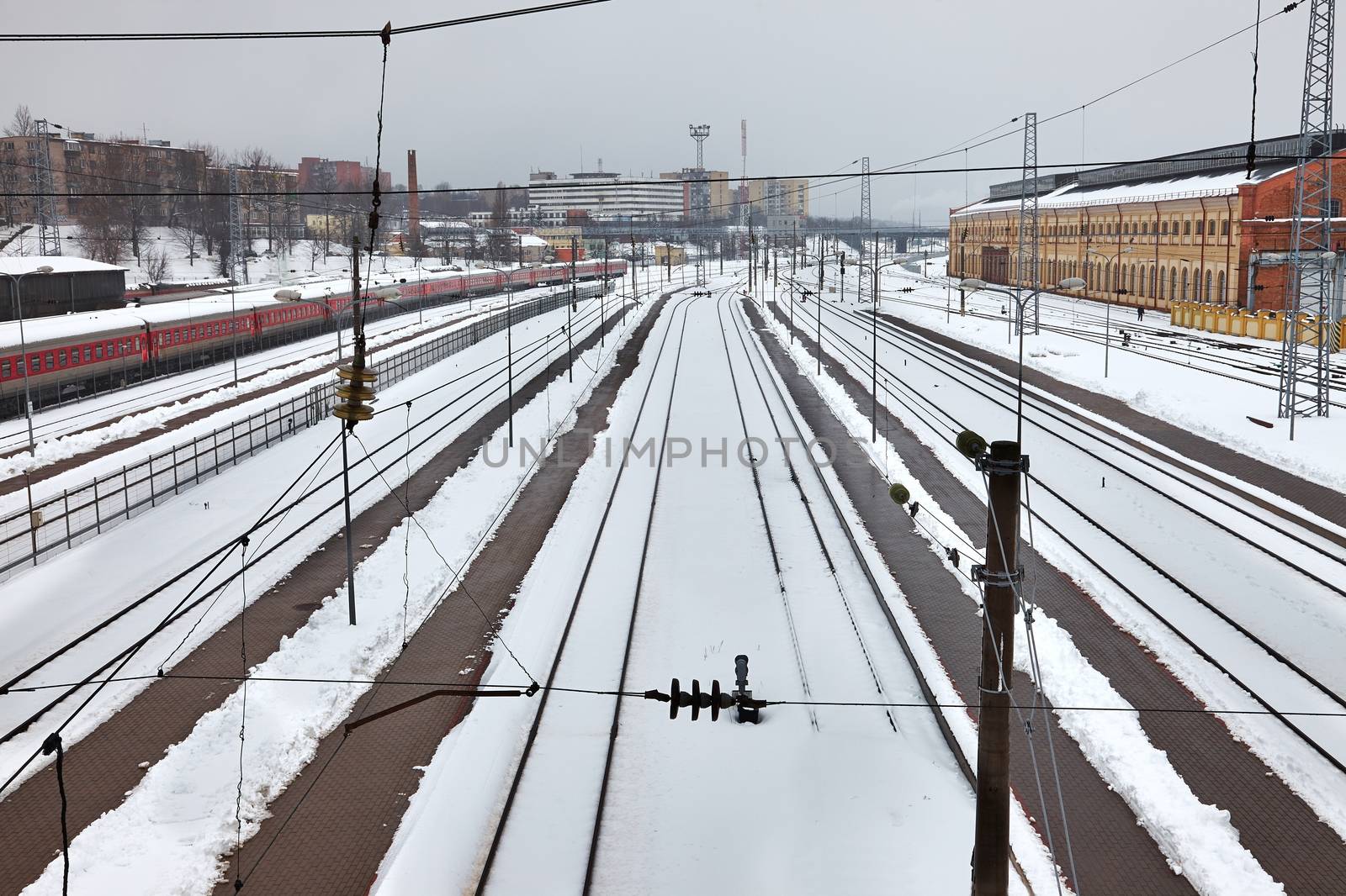 Railroad station tracks in winter