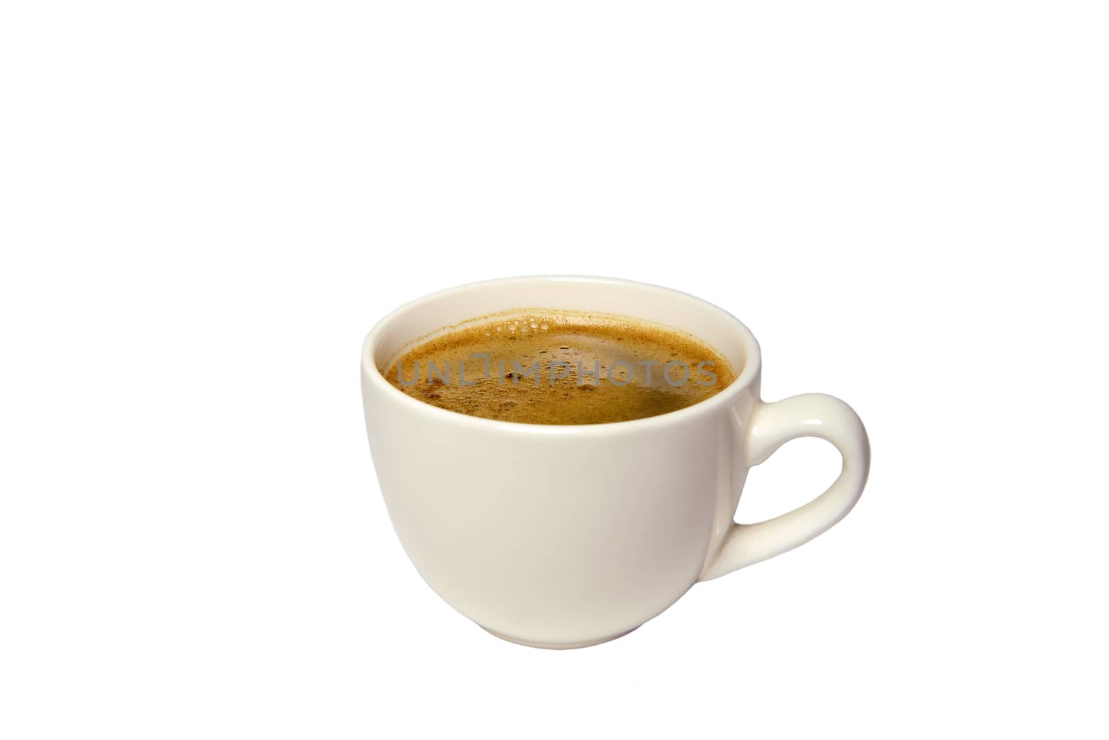Photo of a cup of coffee. Beige color cup, isolated on white background. Food photography.