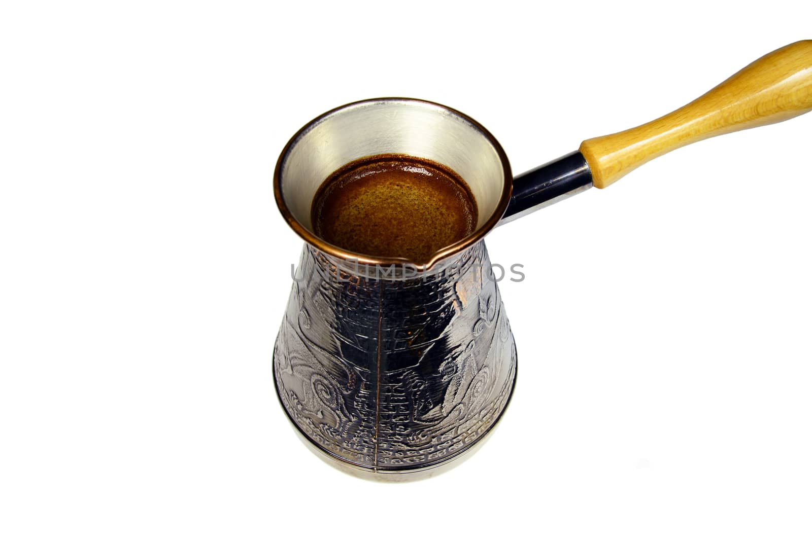 Photo of a turkish coffee brewing pot isolated on white background. Objects photography.