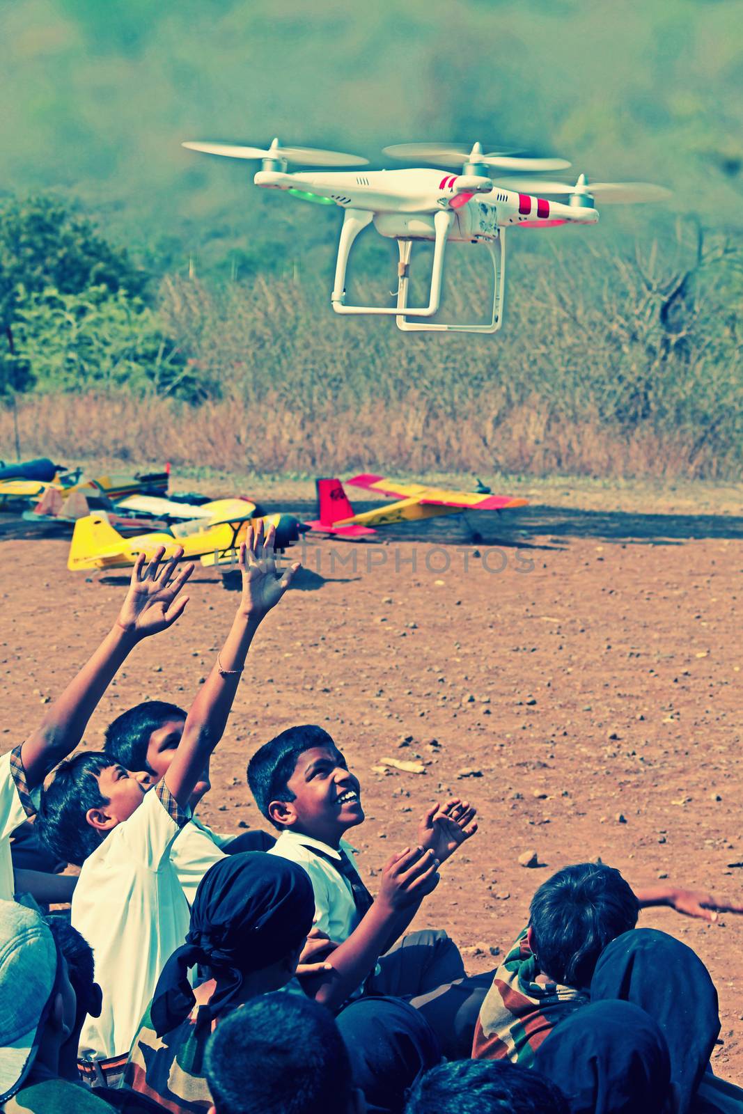 drone helicopter flying near student