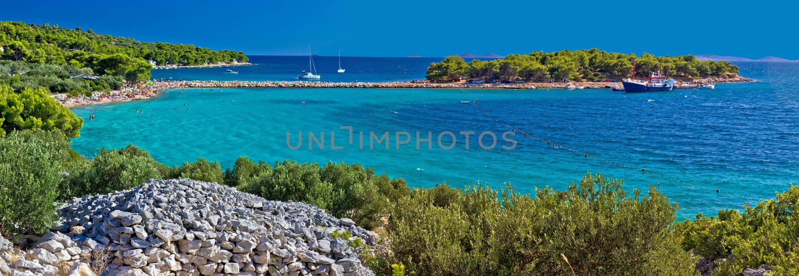 Island of Murter turquoise beach panoramic view, Dalmatia, Croatia