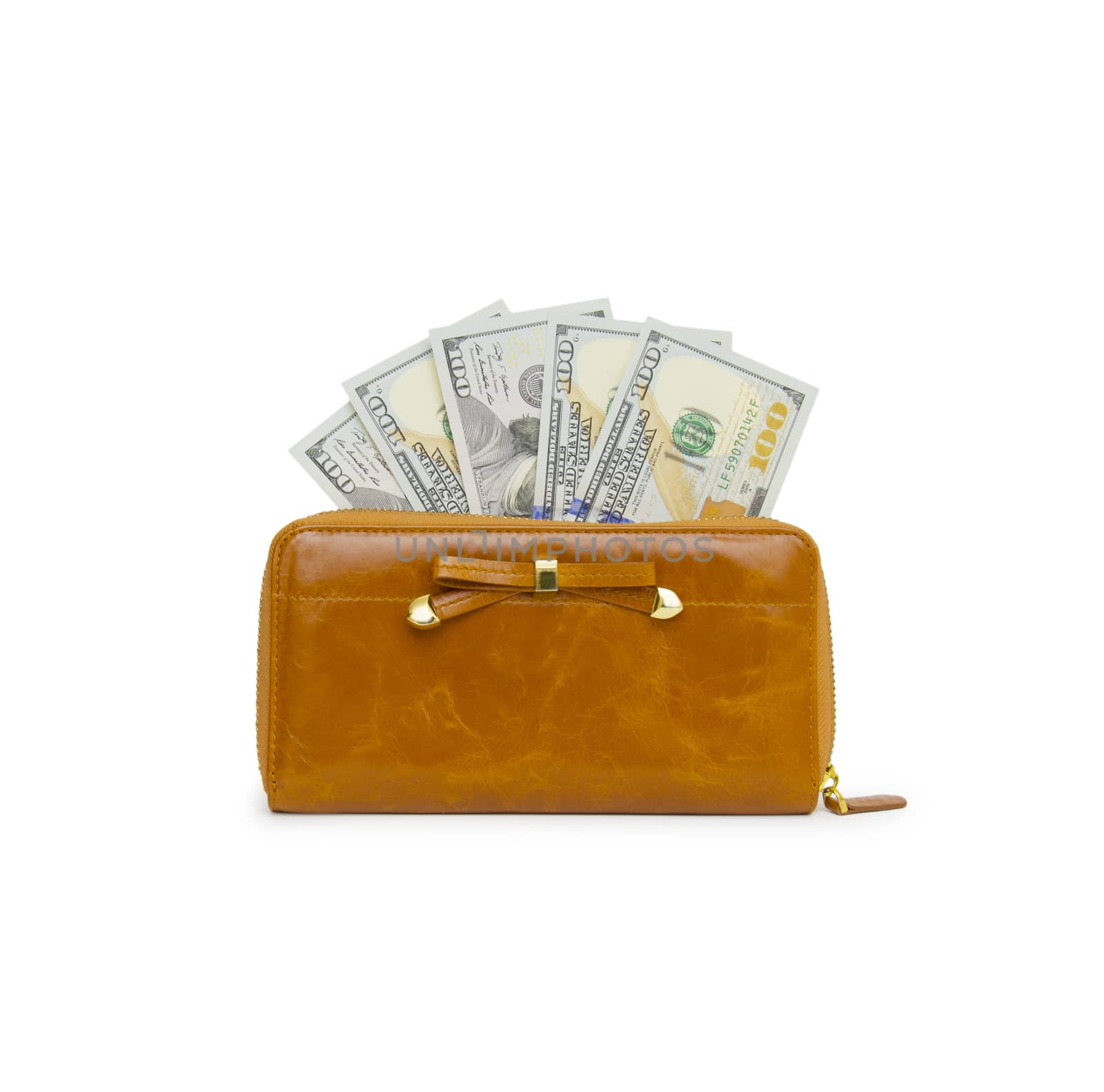 Purse with hundred dollar banknote isolated on white background  by cocoo