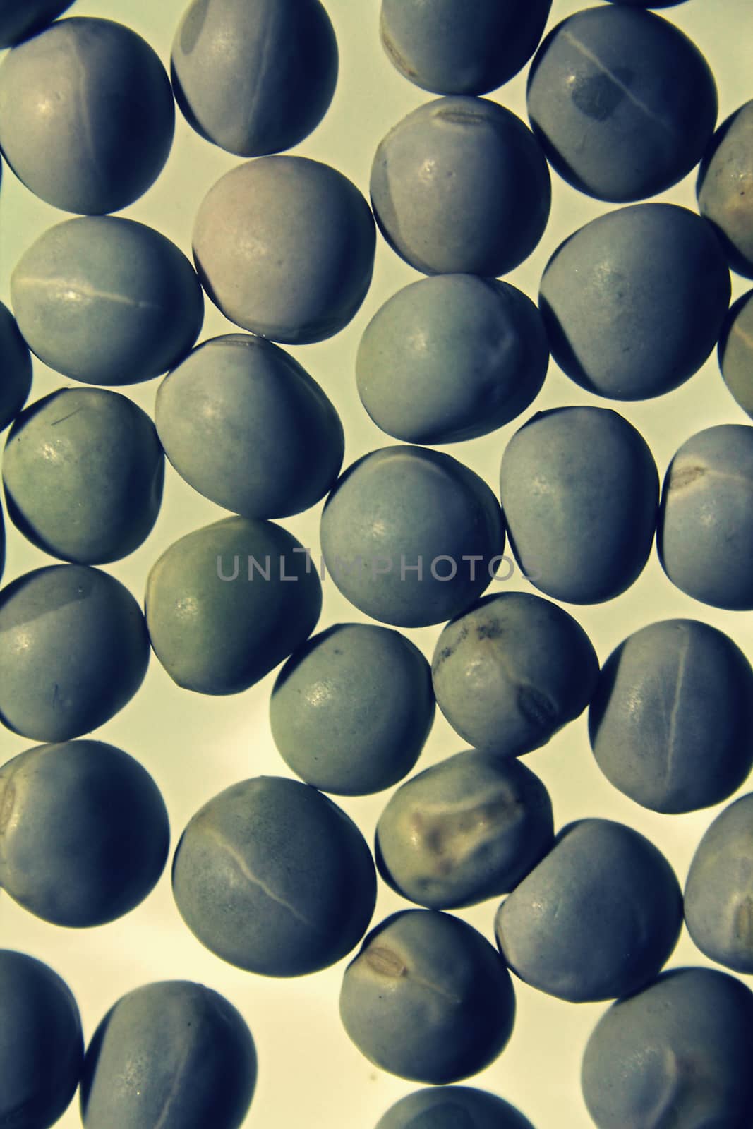 Close up view of scattered dried green pea on white background