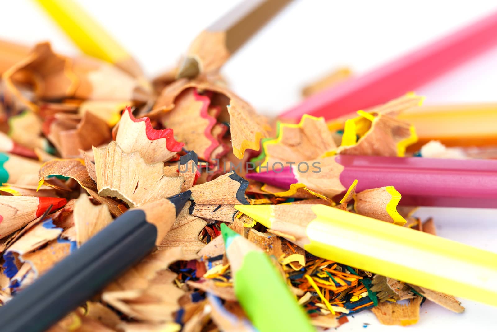 Close up colorful pencil and shavings