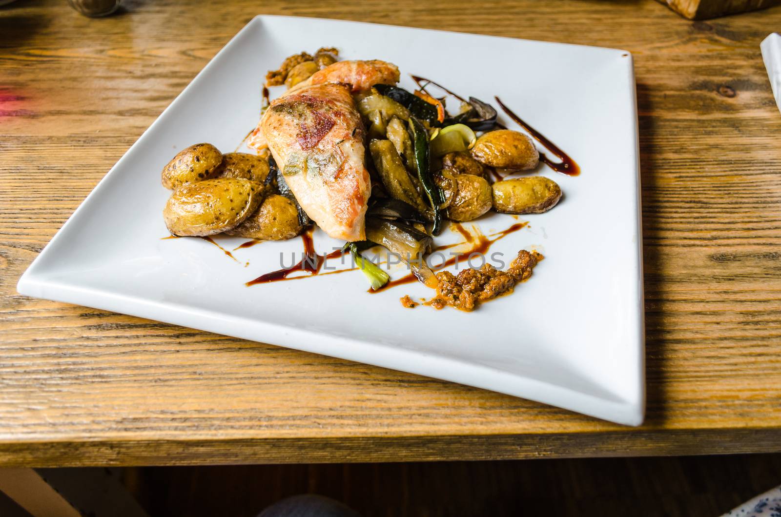 Chicken saltimbocca with sage vegetables and potatoes. 