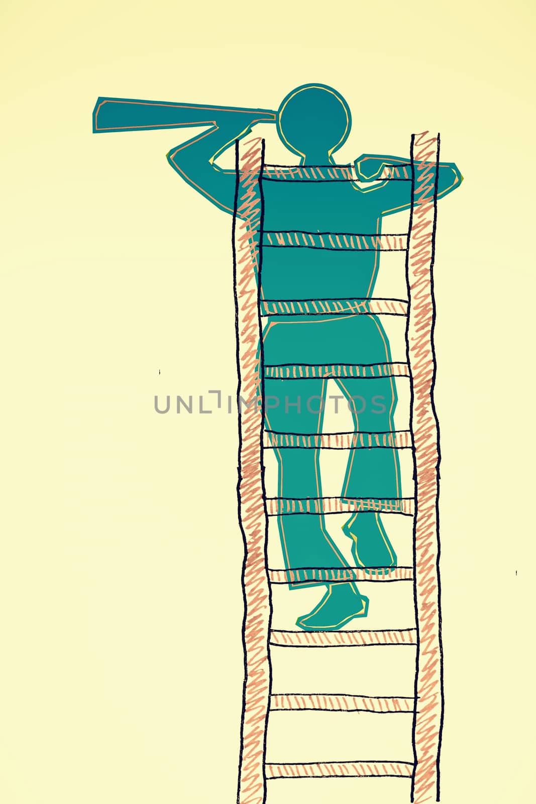 Search concept, man climbing to the top of a ladder and searchin by yands