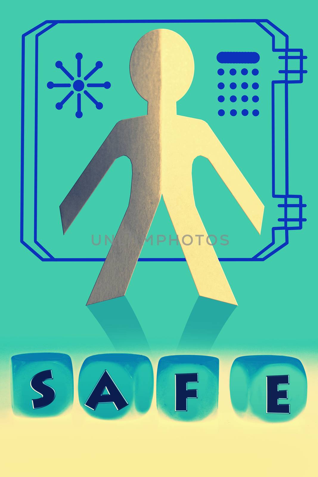 word Safe on cubes in front of paper man