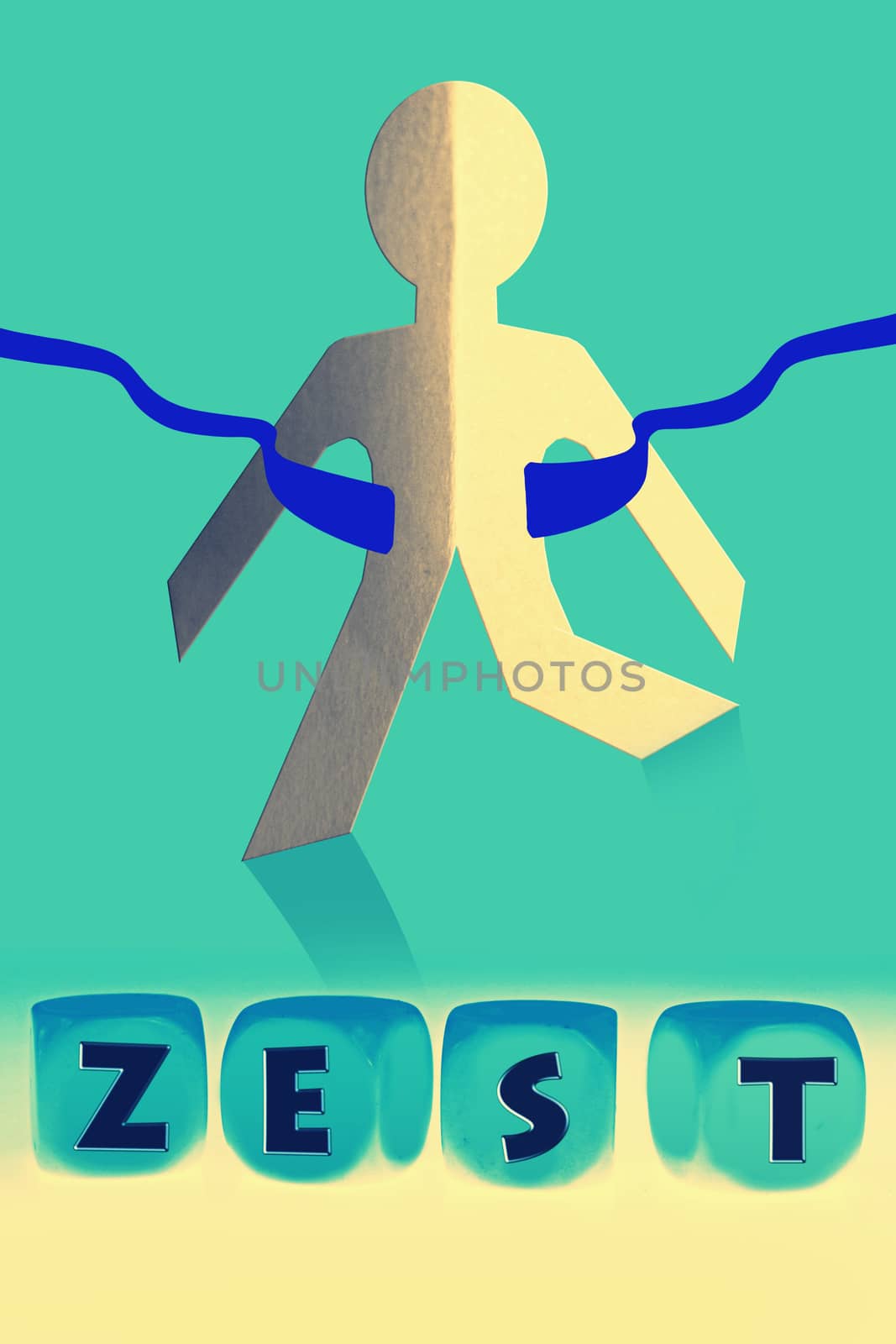 word Zest on cubes in front of paper man by yands