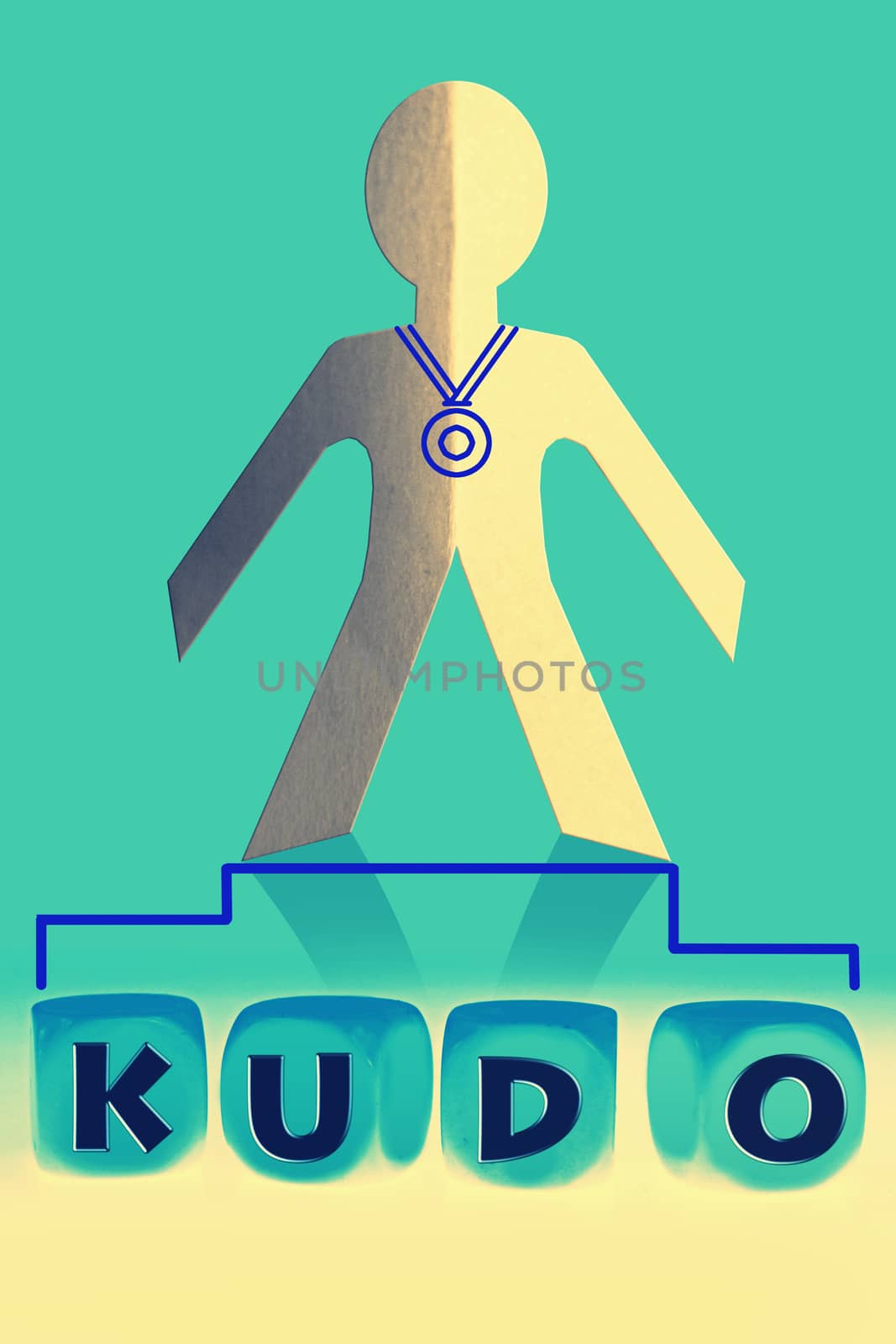word Kudo on cubes in front of paper man by yands