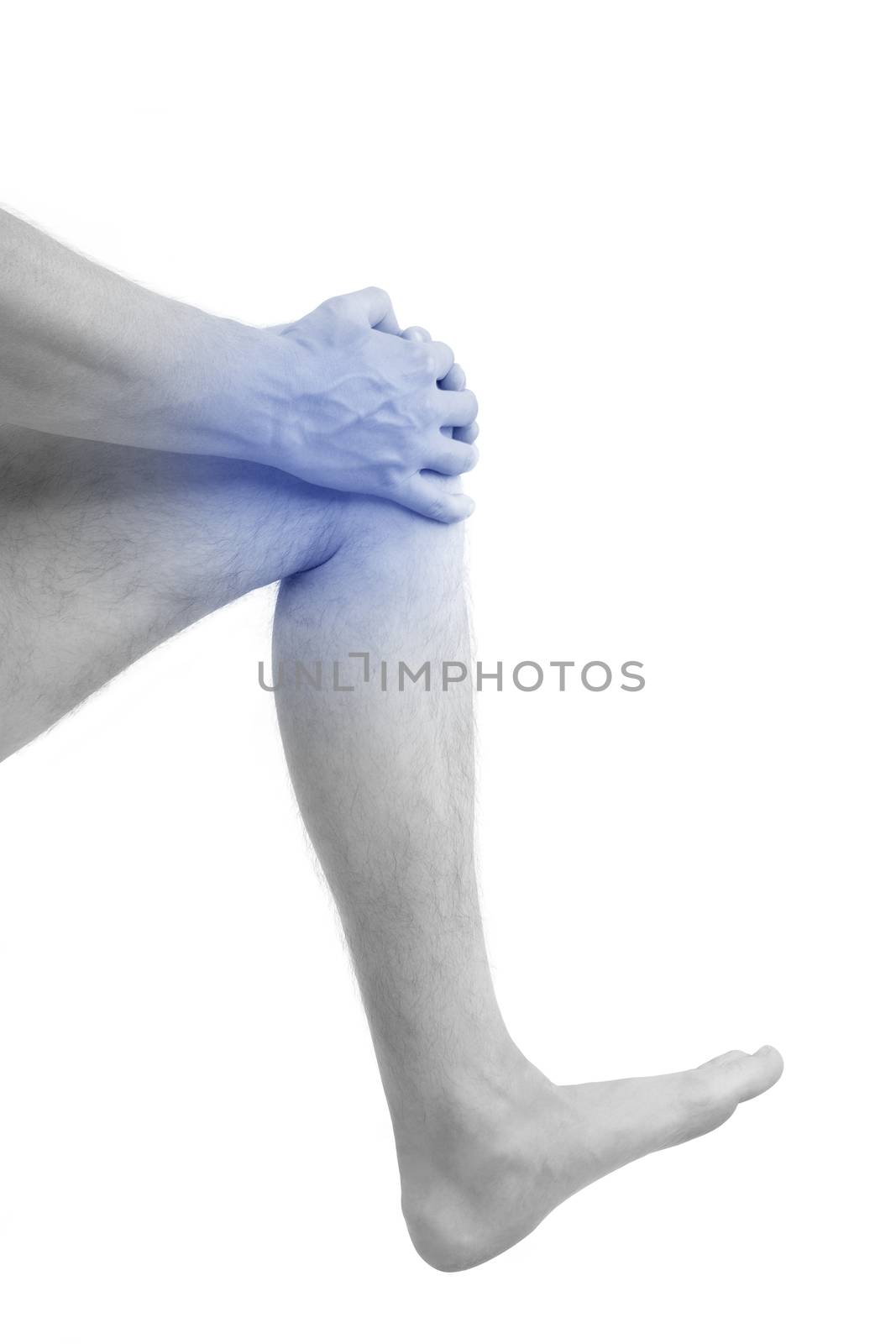 Knee injury. Man holding his knee with highlighted pain are isolated on white background. Cold pain. Knee pain.