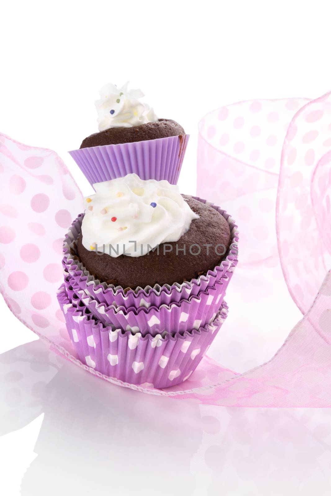 Delicious chocolate muffin background with copy space. Culinary sweet dessert eating. 