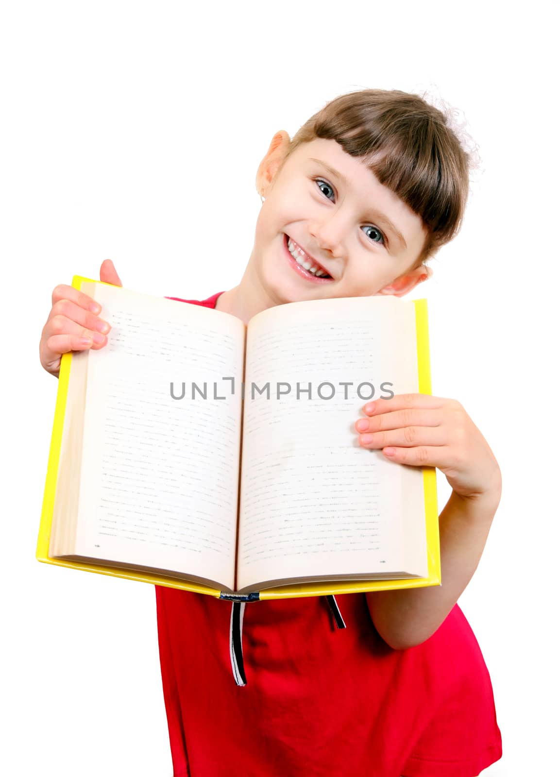 Cheerful Little Girl with a Book Isolated on the White Background