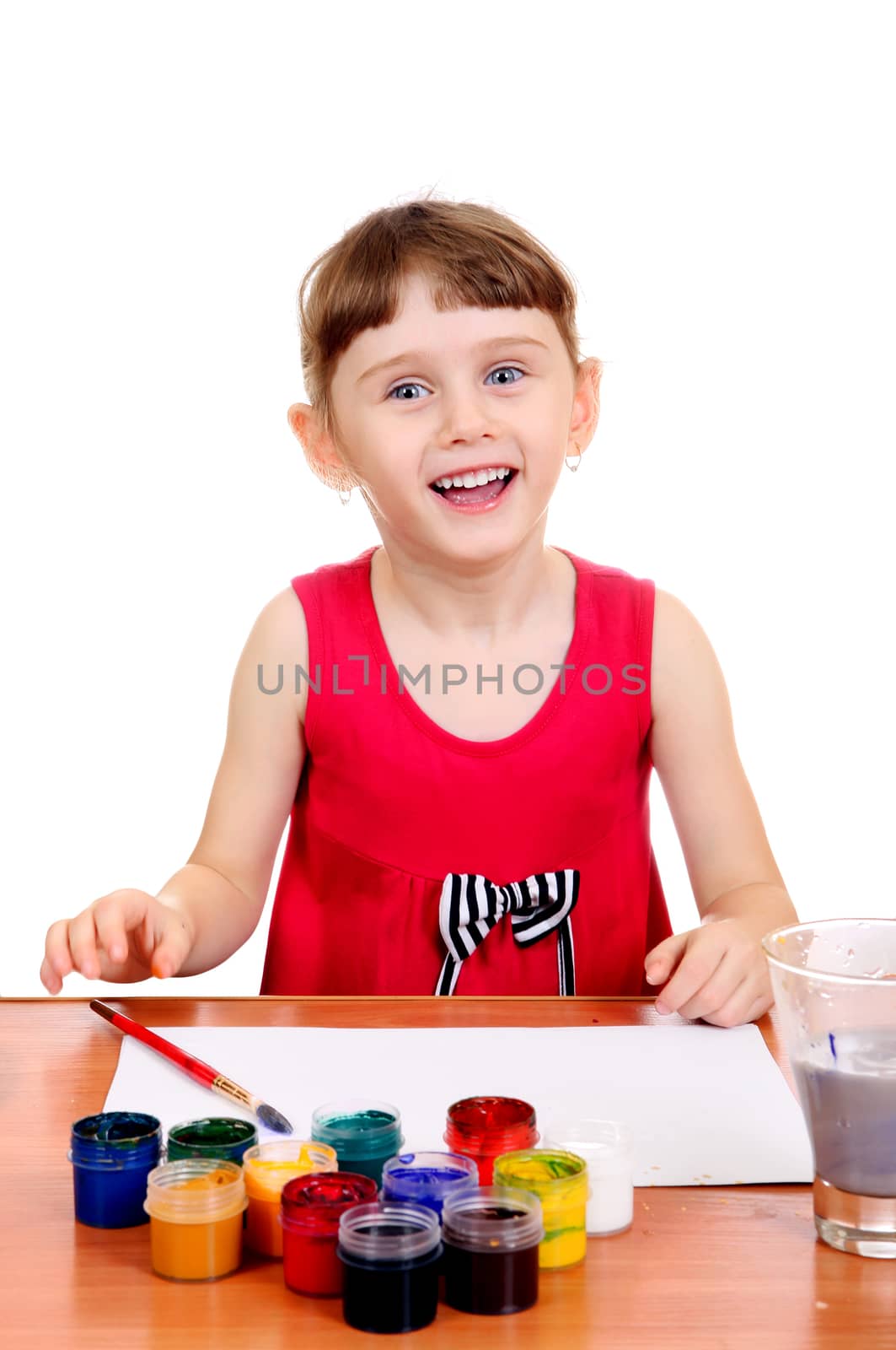 Cheerful Little Girl Drawing Isolated on the white background