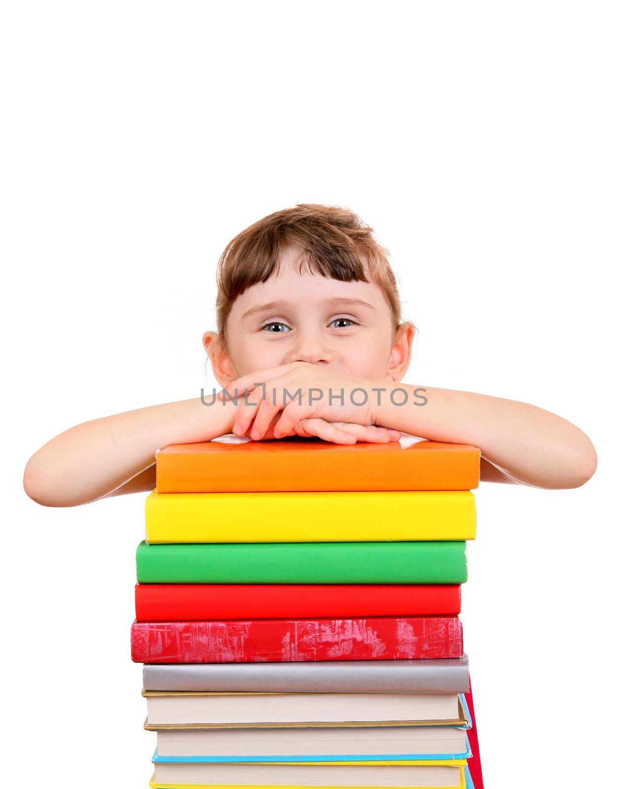 Little Girl with the Books on the White Background