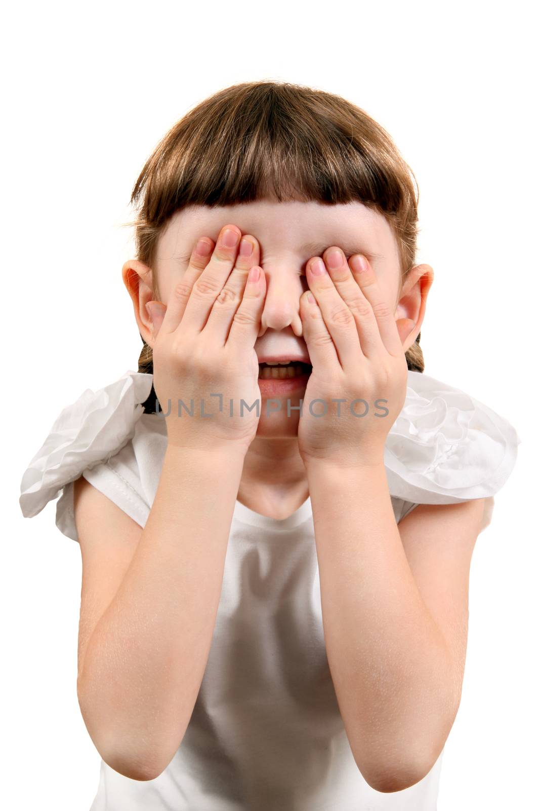 Little Girl with Closed Eyes on the White Background