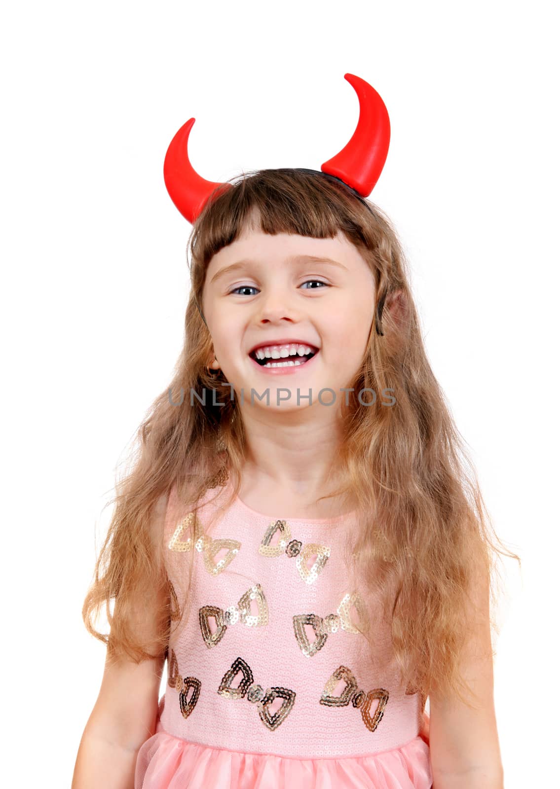 Cheerful Little Girl with Devil Horns on the White Background