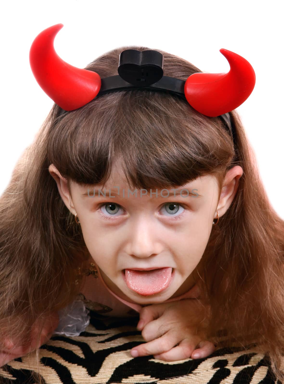 Naughty Little Girl with Devil Horns on the White Background