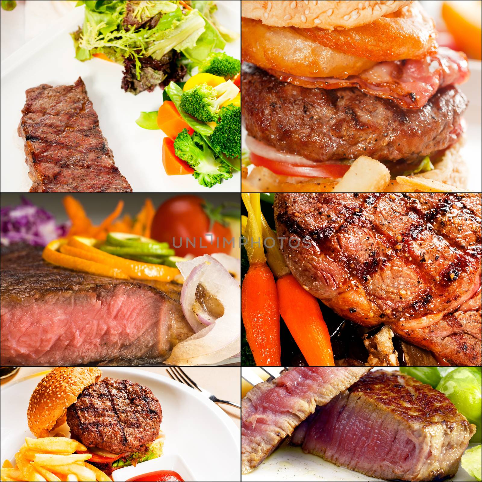 beef dishes collage composition nested on square frame