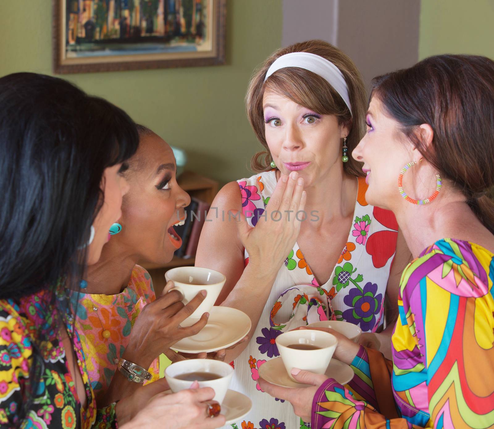 Embarrassed Woman with Friends Drinking Tea by Creatista