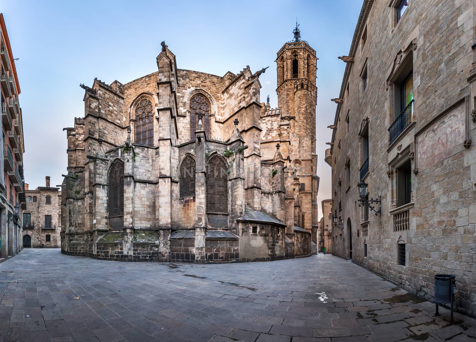 Panorama of Cathedral of the Holy Cross and Saint Eulalia, View from Freneria Street, Barcelona, Catalonia, Spain