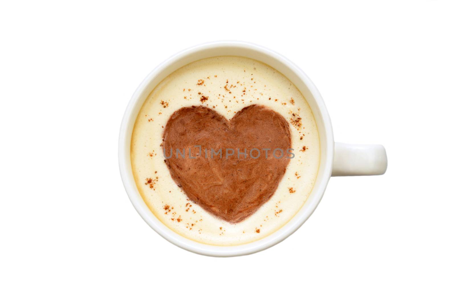 Photo of a white cup of coffee isolated on white background. View from above with a heart on the foam. Food photography.