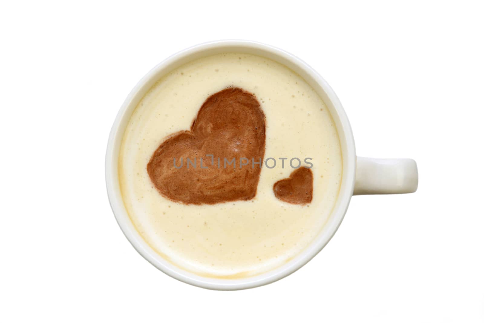 Photo of a white cup of coffee isolated on white background. View from above with hearts drawing on the foam. Food photography.