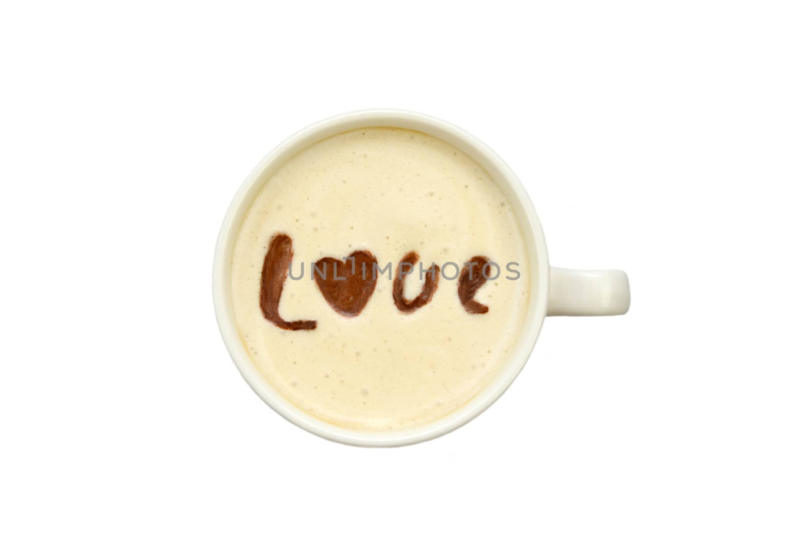 Photo of a white cup of coffee isolated on white background. View from above with 'love' drawing on the foam. Food photography.