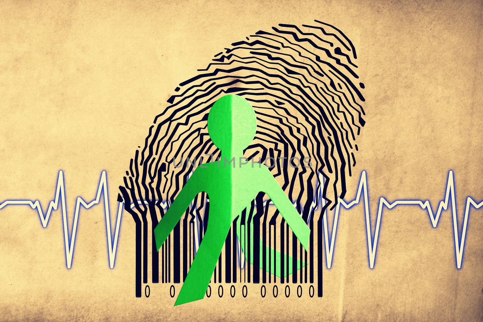 Paperman coming out of a bar code with cardiogram