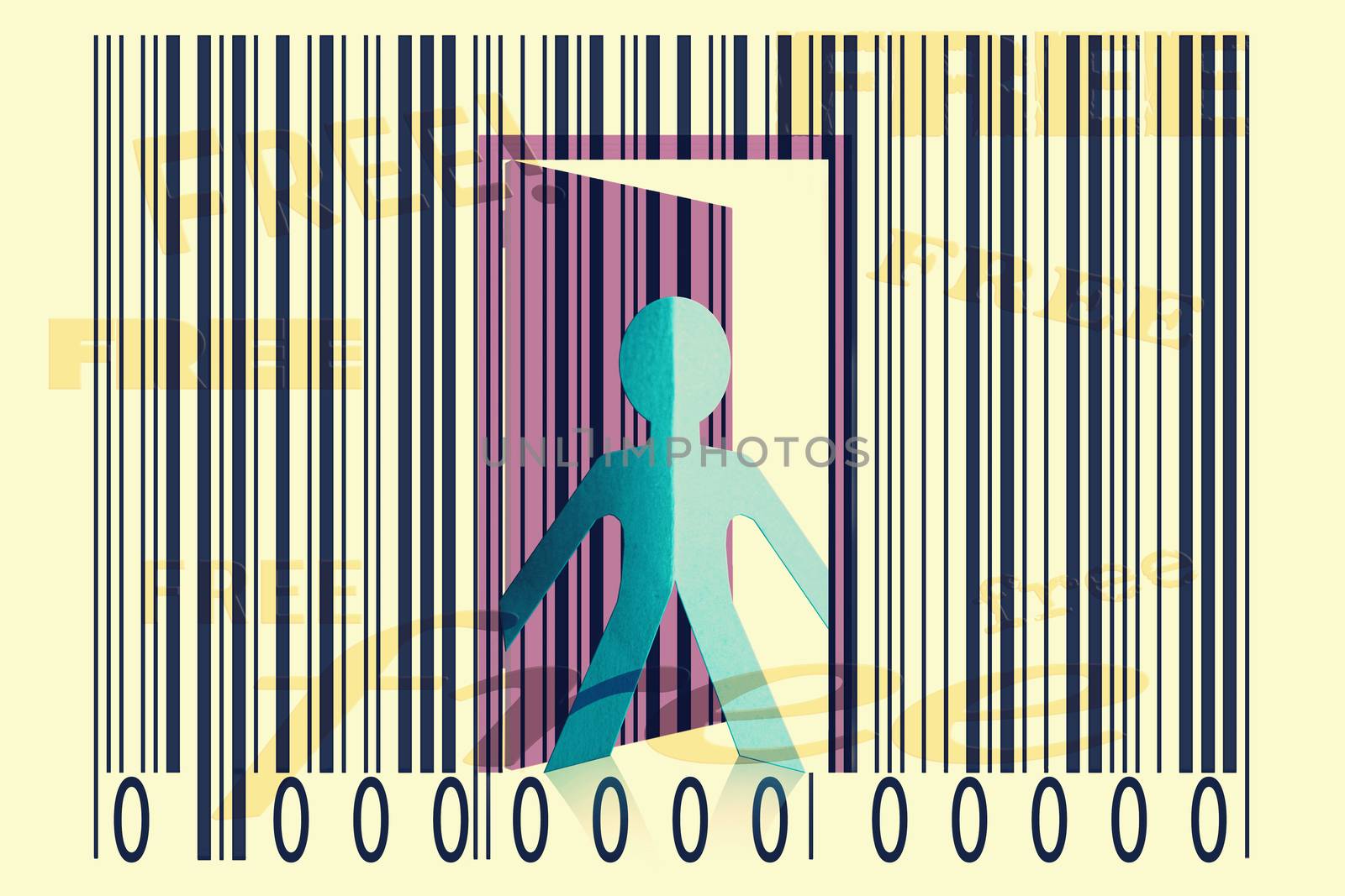 Paperman coming out of a bar code with Free Word