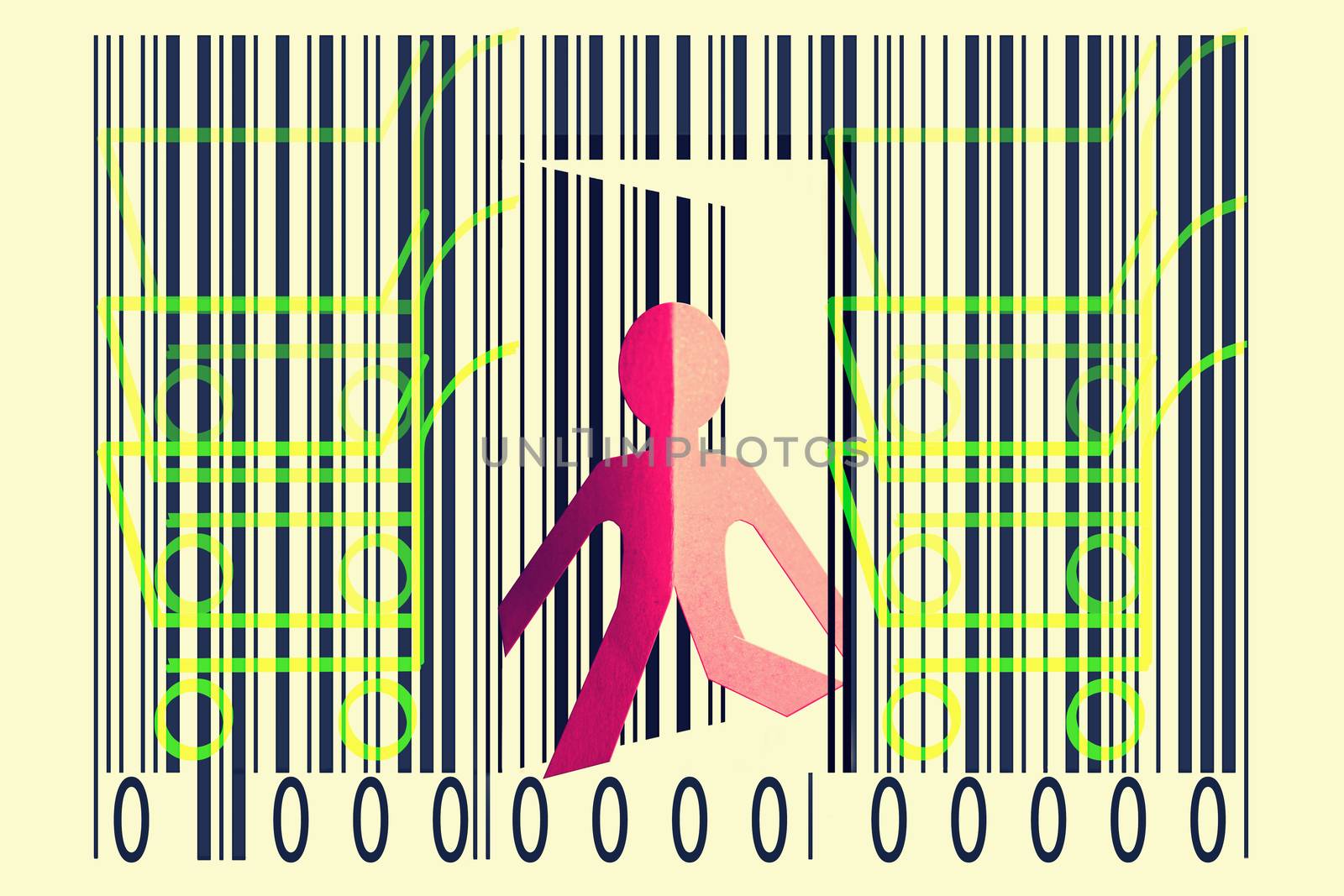 Paperman coming out of a bar code with shopping cart symbol