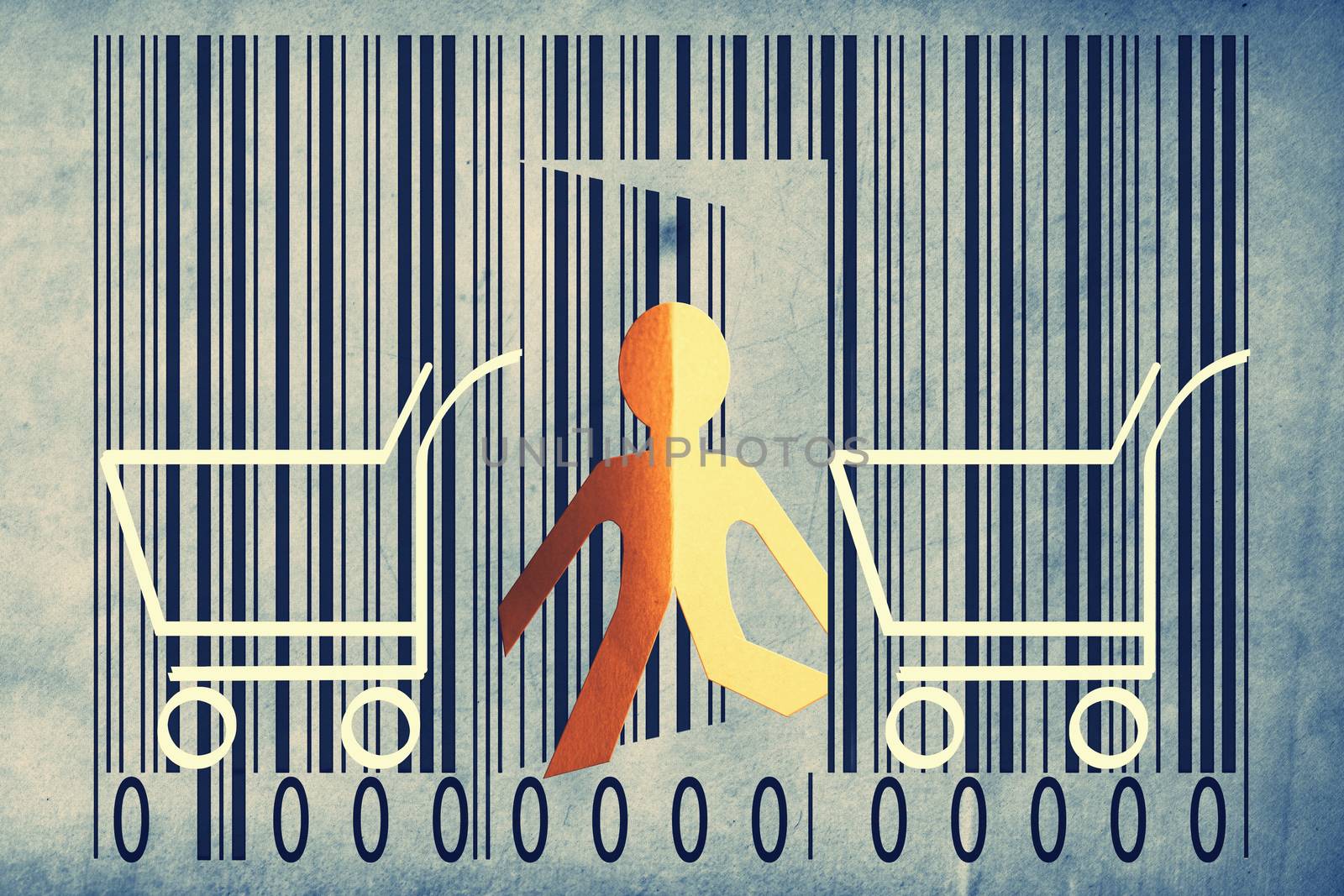 Paperman coming out of a bar code with shopping cart symbol by yands