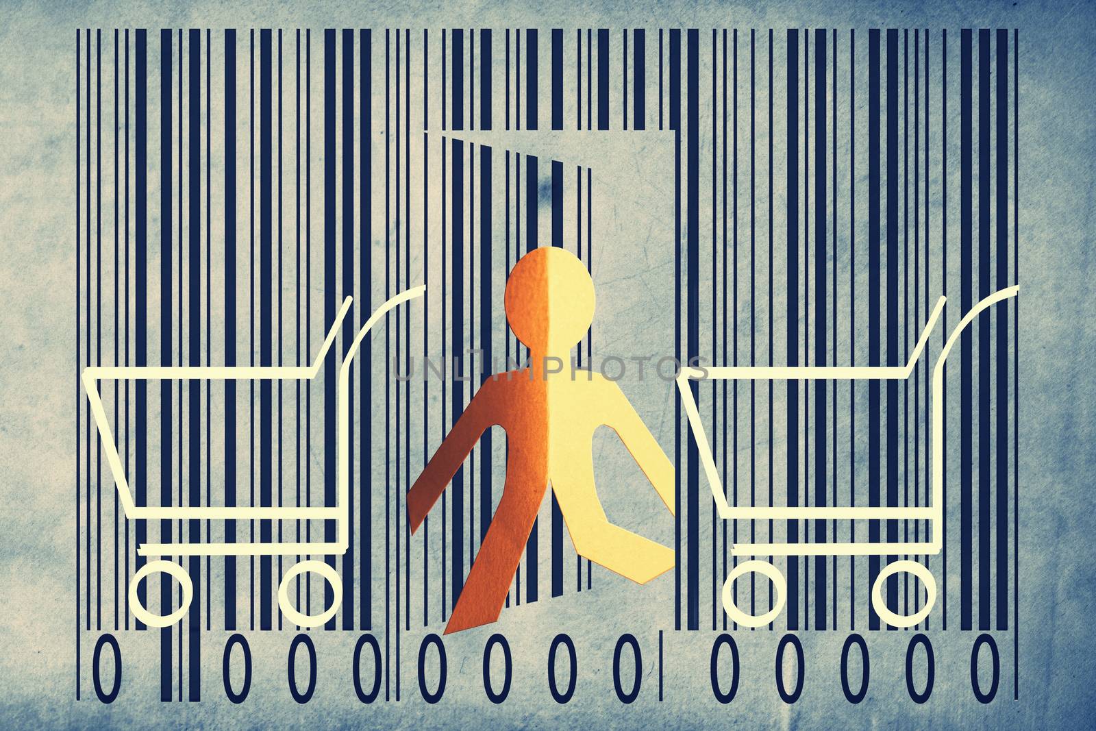 Paperman coming out of a bar code with shopping cart symbol