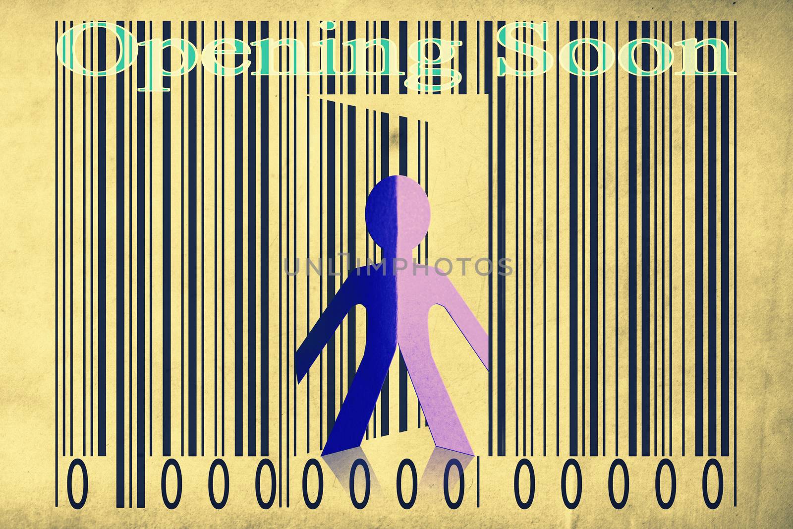 Paperman coming out of a bar code with Opening soon Words by yands